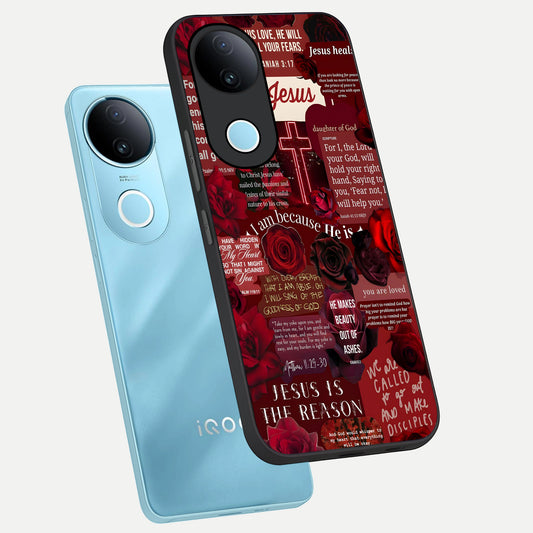 Jesus Love Heals phone case for iQOO Z10R showing premium glass back cover with detailed artwork