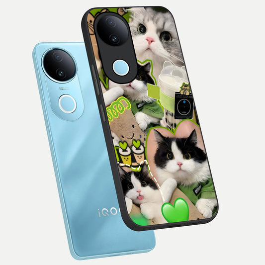 Matcha Cats Mood phone case for iQOO Z10R showing premium glass back cover with detailed artwork