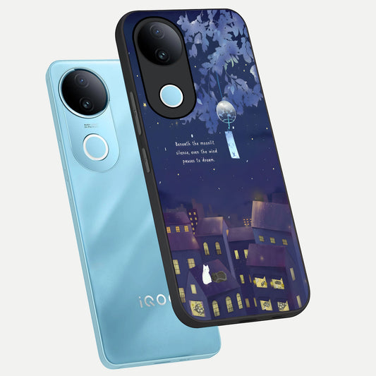 Moonlit Cat Silence phone case for iQOO Z10R showing premium glass back cover with detailed artwork