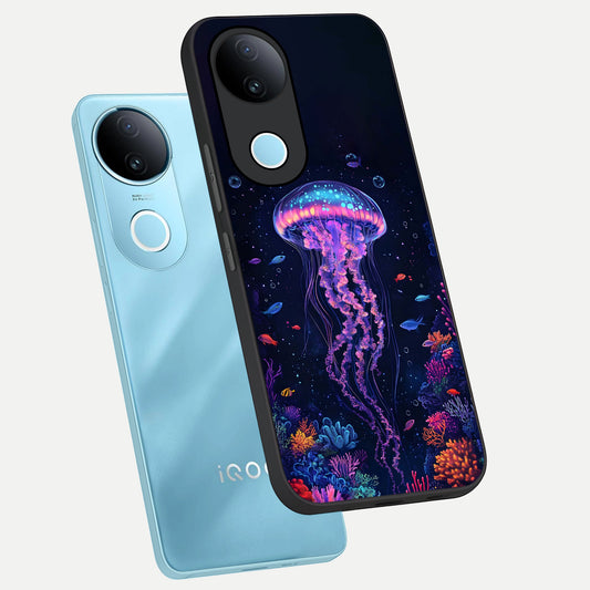 Neon Jellyfish phone case for iQOO Z10R showing premium glass back cover with detailed artwork