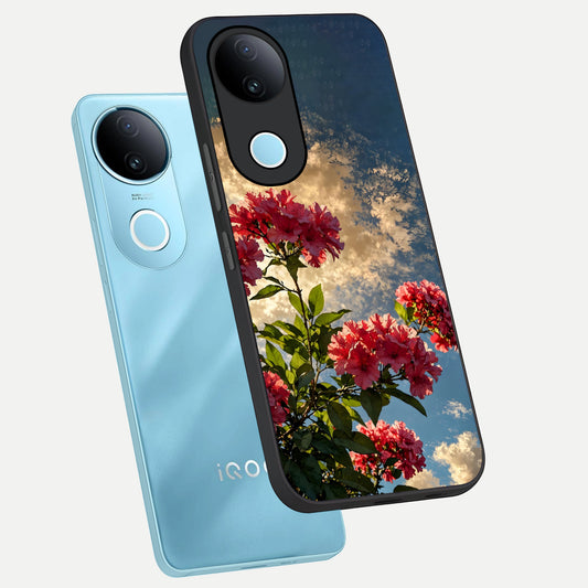 Red Bloom Skies phone case for iQOO Z10R showing premium glass back cover with detailed artwork