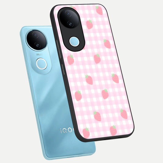 Strawberry Picnic Love phone case for iQOO Z10R showing premium glass back cover with detailed artwork