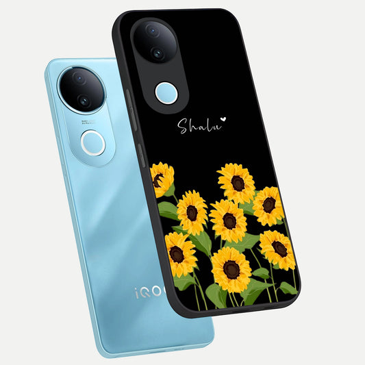 Sunflower Sky Bloom phone case for iQOO Z10R showing premium glass back cover with detailed artwork