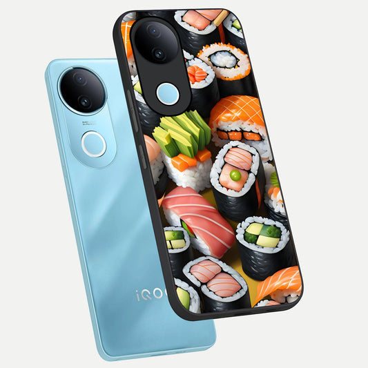 Sushi Food Pattern phone case for iQOO Z10R showing premium glass back cover with detailed artwork