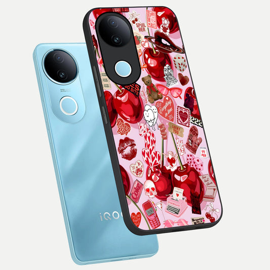 Sweet Cherry Chaos phone case for iQOO Z10R showing premium glass back cover with detailed artwork