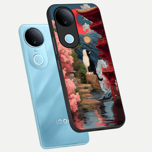 Temple Cat Scenery phone case for iQOO Z10R showing premium glass back cover with detailed artwork