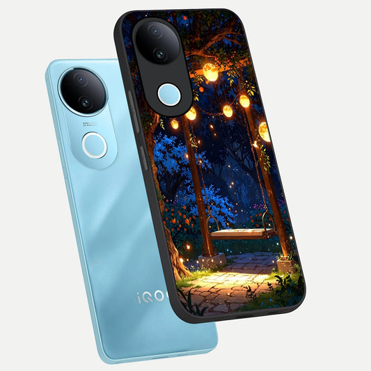 Twilight Garden Swing phone case for iQOO Z10R showing premium glass back cover with detailed artwork