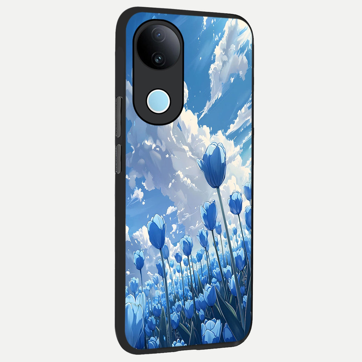 Blue Tulip Clouds back cover For iQOO Z10R 5G slim fit glass case with vibrant aesthetic design
