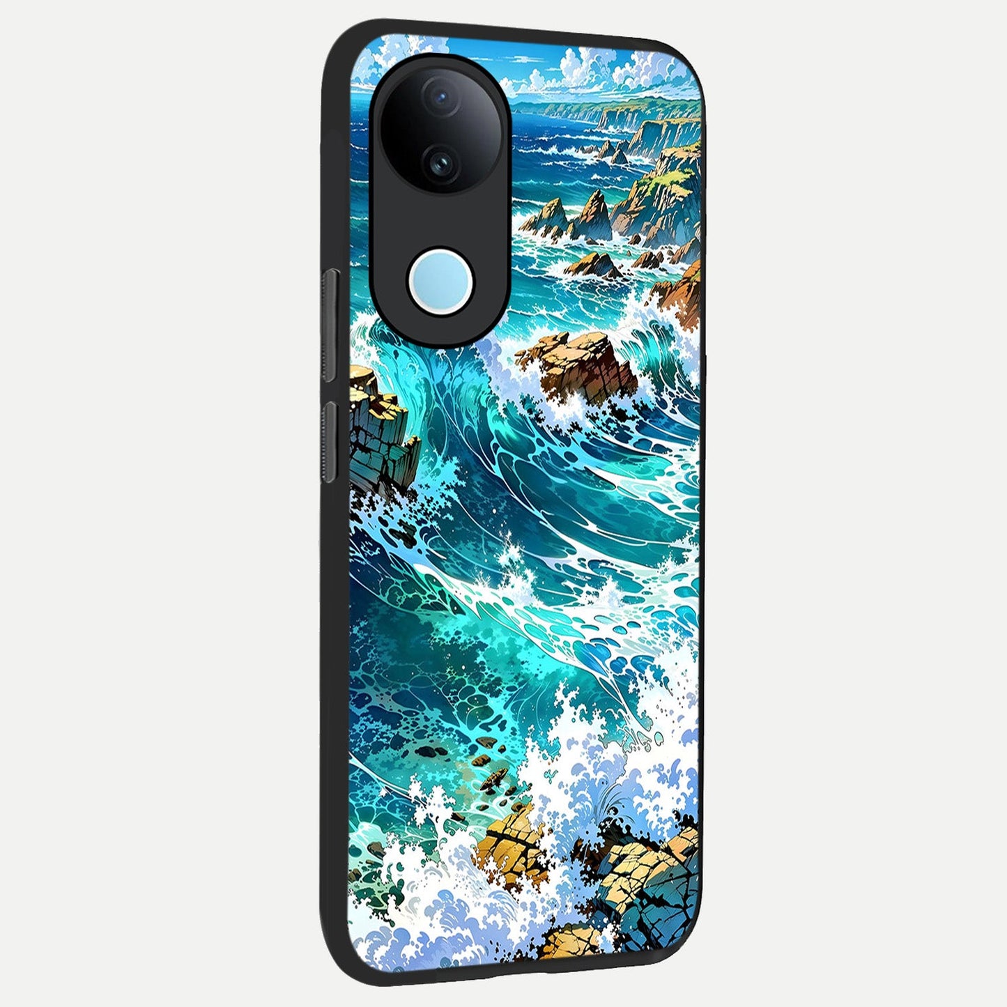Coastal Blue Waves back cover for iQOO Z10R slim fit glass case with vibrant aesthetic design