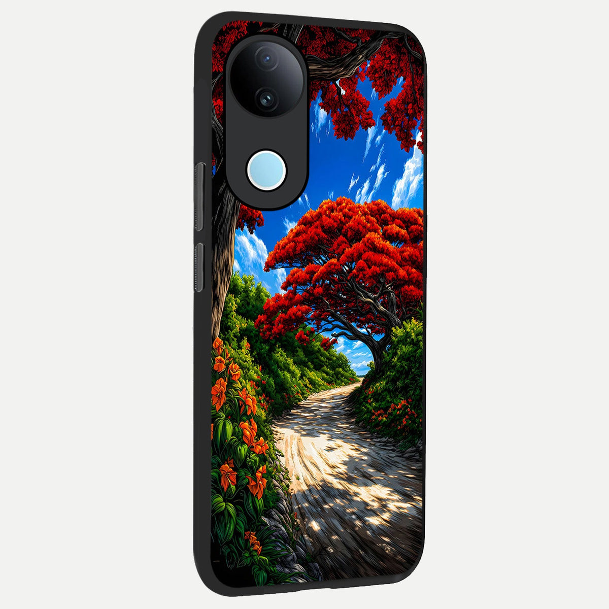Red Trees Pathway back cover For iQOO Z10R 5G slim fit glass case with vibrant aesthetic design