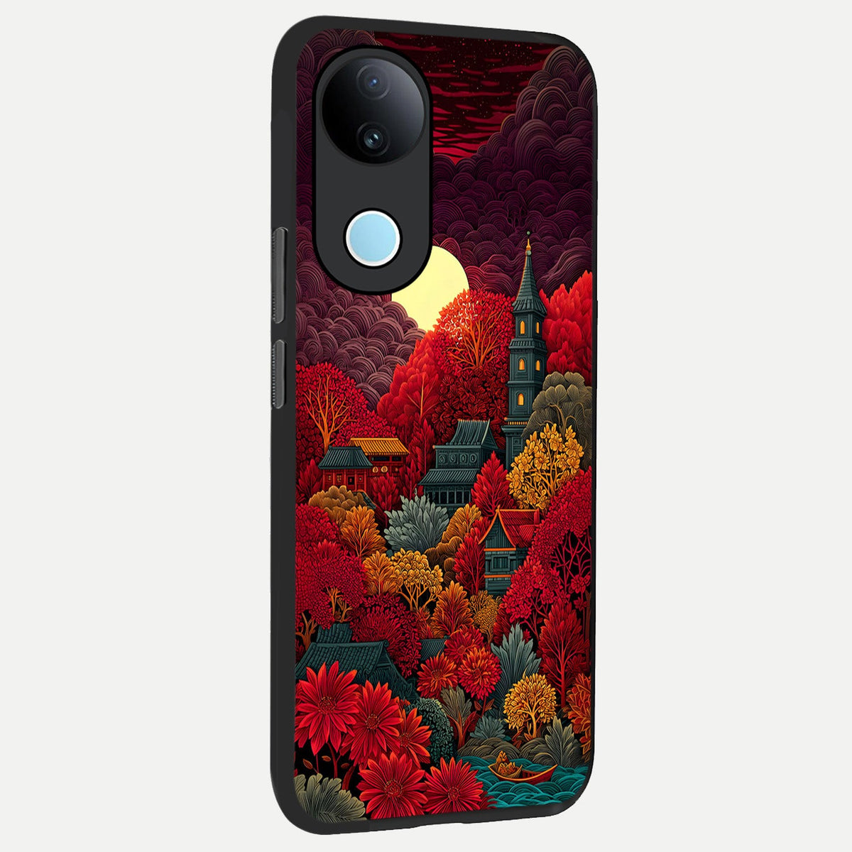 Scarlet Autumn Temple back cover For iQOO Z10R 5G slim fit glass case with vibrant aesthetic design