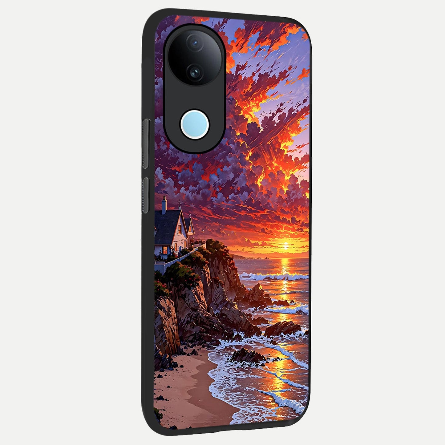Sunset House By Sea back cover for iQOO Z10R slim fit glass case with vibrant aesthetic design