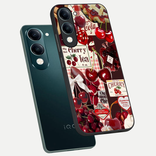 Aesthetic Cherry Tea phone case for iQOO Z10 Lite showing premium glass back cover with detailed artwork
