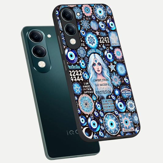 Angel Aura Shield phone case for iQOO Z10 Lite showing premium glass back cover with detailed artwork