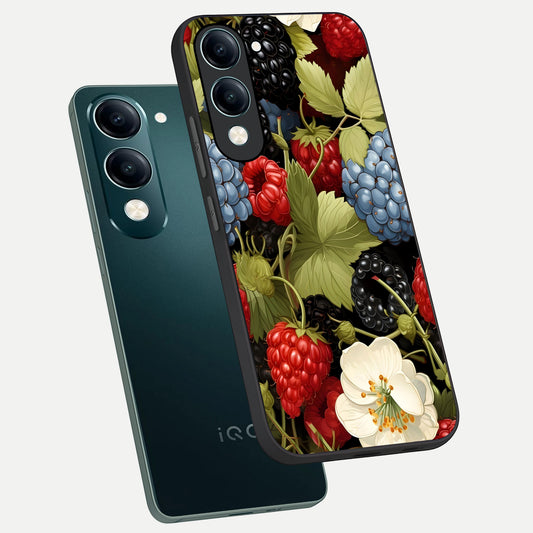 Berry Bloom Charm phone case for iQOO Z10 lite showing premium glass back cover with detailed artwork