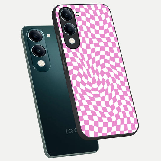 Bubblegum Check Wave phone case for iQOO Z10 lite showing premium glass back cover with detailed artwork