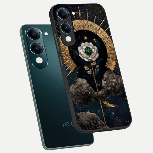Celestial Lotus Morang phone case for iQOO Z10 Lite showing premium glass back cover with detailed artwork