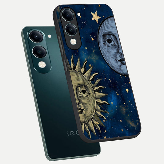 Celestial Moon With Sun phone case for iQOO Z10 lite showing premium glass back cover with detailed artwork