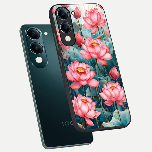 Celestial Pink Lotus phone case for iQOO Z10 Lite showing premium glass back cover with detailed artwork
