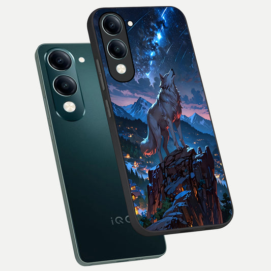 Celestial Wolf Howl phone case for iQOO Z10 lite showing premium glass back cover with detailed artwork
