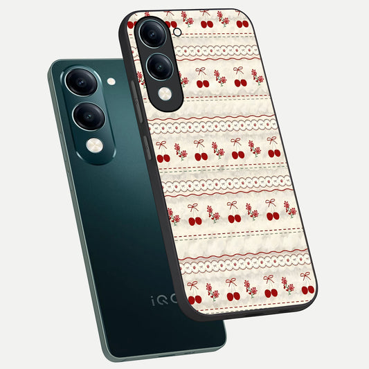 Cherry Bloom Charm phone case for iQOO Z10 lite showing premium glass back cover with detailed artwork