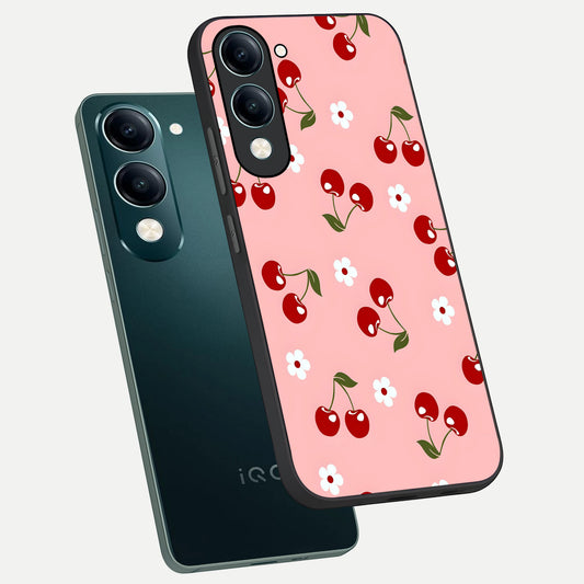 Cherry Love Mood phone case for iQOO Z10 Lite showing premium glass back cover with detailed artwork