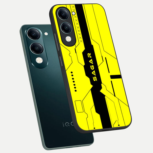 Circuit CYBERPUNK Custom Name phone case for iQOO Z10 lite showing premium glass back cover with detailed artwork