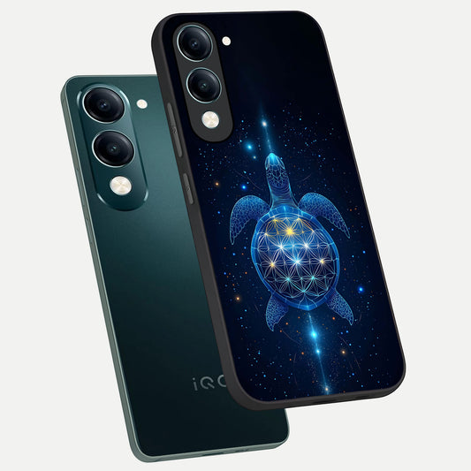 Crimson Blue Turtle phone case for iQOO Z10 Lite showing premium glass back cover with detailed artwork