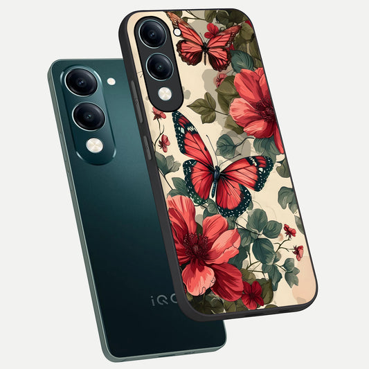 Crimson Butterfly Garden phone case for iQOO Z10 Lite showing premium glass back cover with detailed artwork