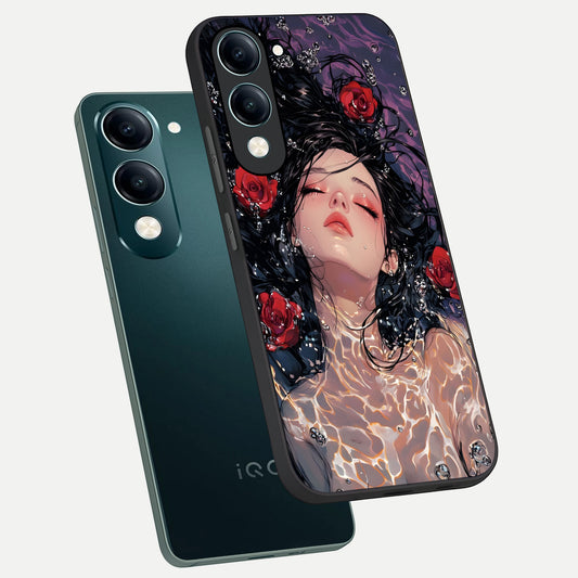 Crimson Rose Serenity phone case for iQOO Z10 Lite showing premium glass back cover with detailed artwork