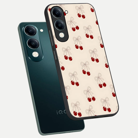 Cute Cherry Pattern phone case for iQOO Z10 Lite showing premium glass back cover with detailed artwork