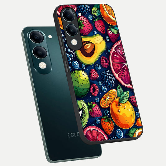 Cute Fruits Art phone case for iQOO Z10 lite showing premium glass back cover with detailed artwork