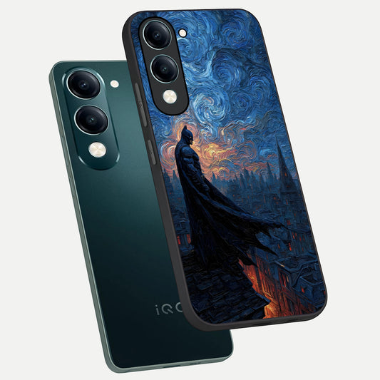 Dark Knight Dusk phone case for iQOO Z10 Lite showing premium glass back cover with detailed artwork