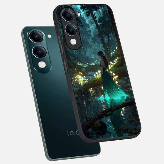 Enchanted Forest Glow phone case for iQOO Z10 lite showing premium glass back cover with detailed artwork