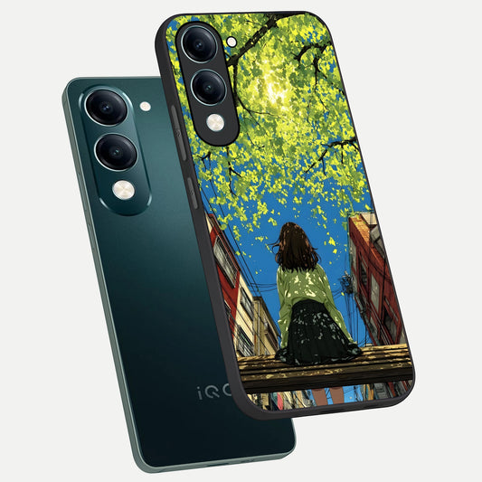Golden Leaves Glow phone case for iQOO Z10 Lite showing premium glass back cover with detailed artwork