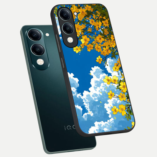 Golden Petal Sky phone case for iQOO Z10 Lite showing premium glass back cover with detailed artwork