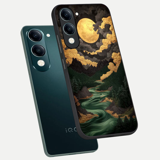 Golden River Moon phone case for iQOO Z10 Lite showing premium glass back cover with detailed artwork