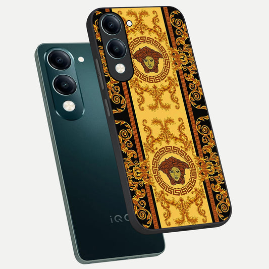 Golden Royal Heritage phone case for iQOO Z10 lite showing premium glass back cover with detailed artwork