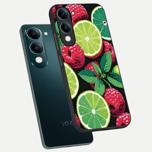 Lime and Raspberry Pattern phone case for iQOO Z10 lite showing premium glass back cover with detailed artwork