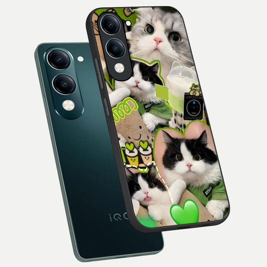 Matcha Cats Mood phone case for iQOO Z10 lite showing premium glass back cover with detailed artwork