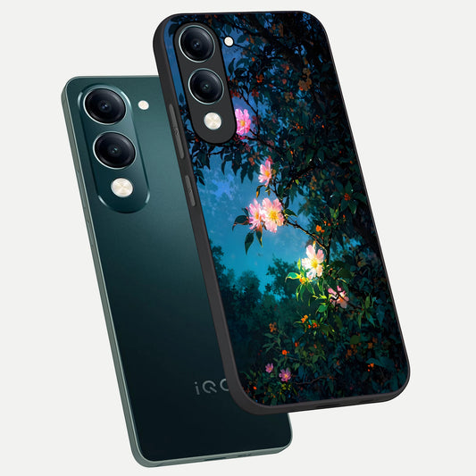 Midnight Bloom Glow phone case for iQOO Z10 Lite showing premium glass back cover with detailed artwork