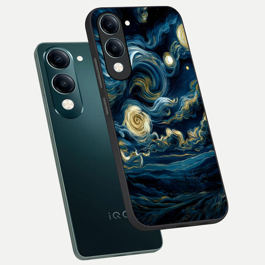 Midnight Sky Whirl phone case for iQOO Z10 lite showing premium glass back cover with detailed artwork