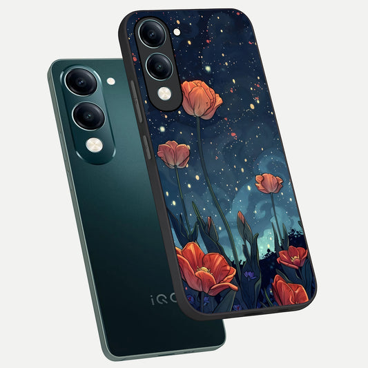 Midnight Tulip Glow phone case for iQOO Z10 Lite showing premium glass back cover with detailed artwork