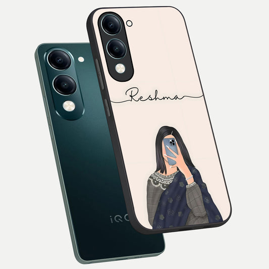 Mirror Mood Muse With Custom Name phone case for iQOO Z10 lite showing premium glass back cover with detailed artwork