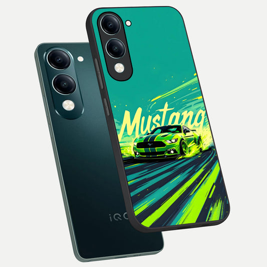Mustang Bang phone case for iQOO Z10 lite showing premium glass back cover with detailed artwork