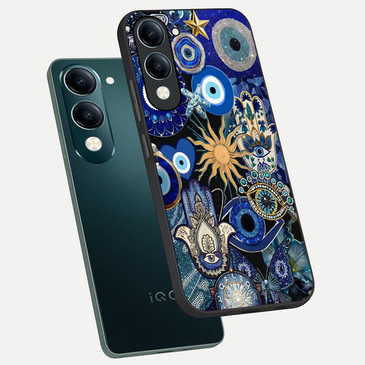 Mystic Blue Evil Eye phone case for iQOO Z10 Lite showing premium glass back cover with detailed artwork