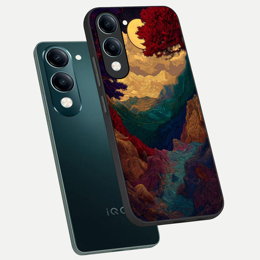 Mystic Valley Light phone case for iQOO Z10 lite showing premium glass back cover with detailed artwork