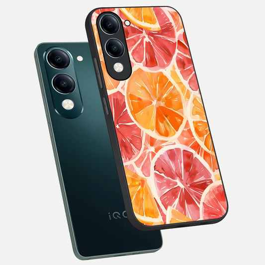 Orange Fruits Pattern phone case for iQOO Z10 lite showing premium glass back cover with detailed artwork