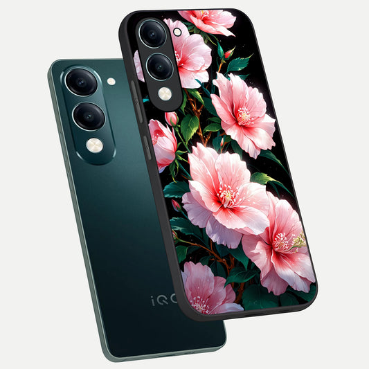 Peach Flower phone case for iQOO Z10 Lite showing premium glass back cover with detailed artwork