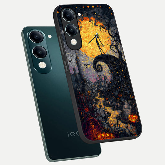 Pumpkin Moon Night phone case for iQOO Z10 lite showing premium glass back cover with detailed artwork
